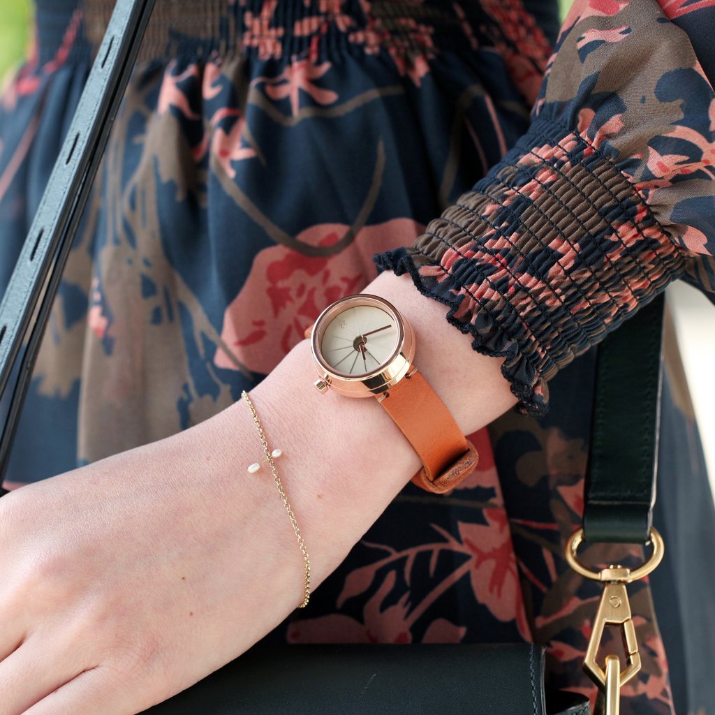 A Stylish Watch With A Rose Gold Case And Italian Leather Strap On A Woman's Wrist