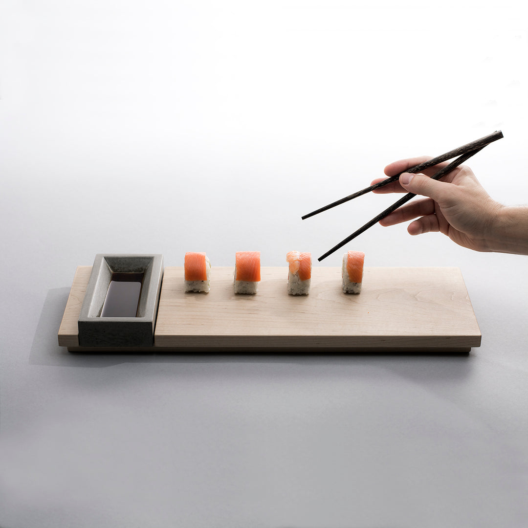 Front View of KOMOLAB Appetizer Tray (Maple and Concrete Bowl) with Sushi and Soy Sauce