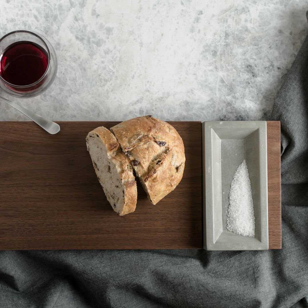 Above View of KOMOLAB Appetizer Tray In Use (Walnut and Concrete Bowl)