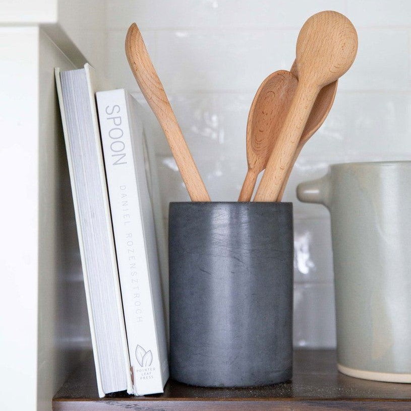 Dark Gray Concrete Utensil Holder With Wood Spoons