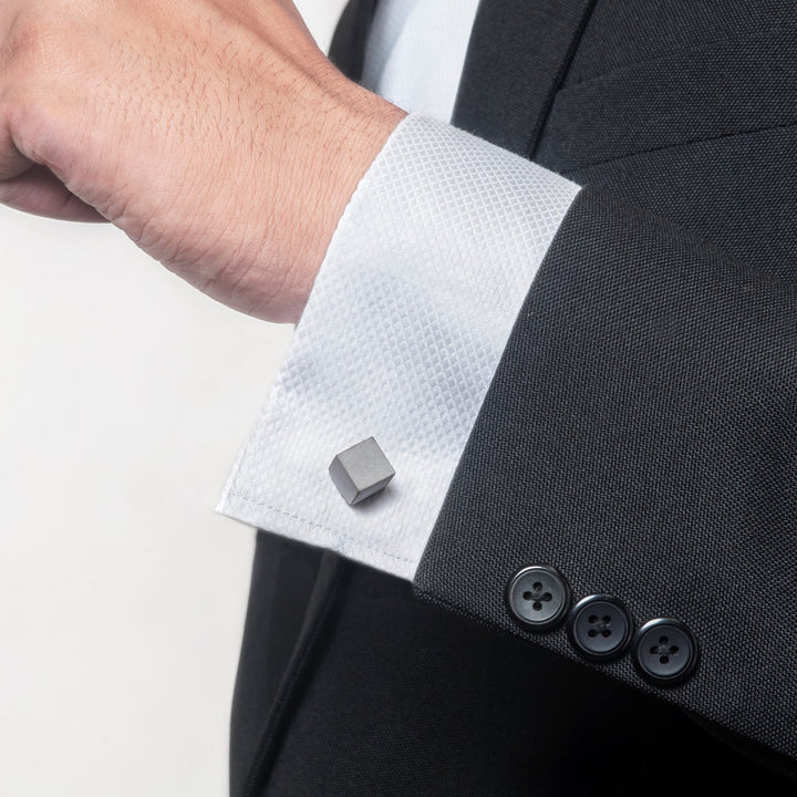 Model Wearing Cube Shaped Concrete Cufflinks