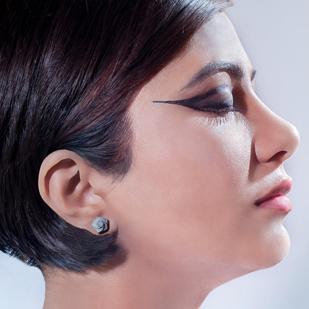 Model Wearing Rose Shaped Concrete Earrings