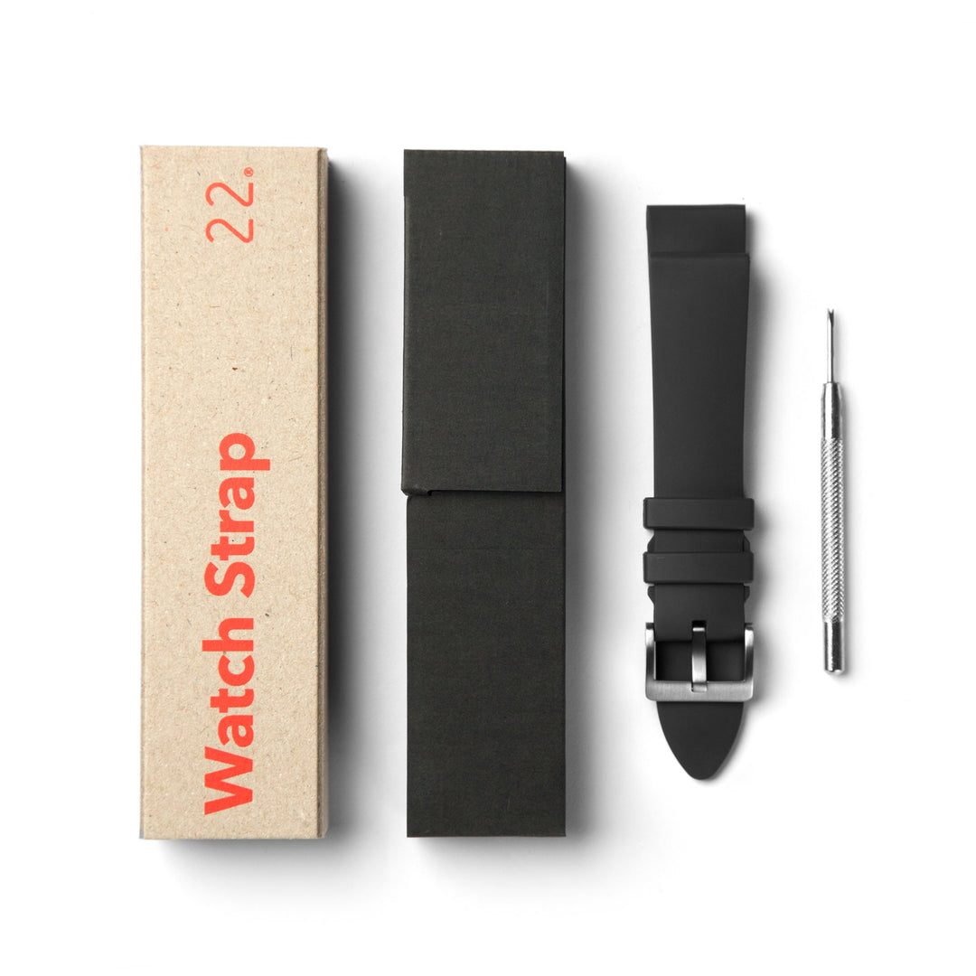 22STUDIO Packaging For A Black 22mm Fluoroelastomer Watch Band