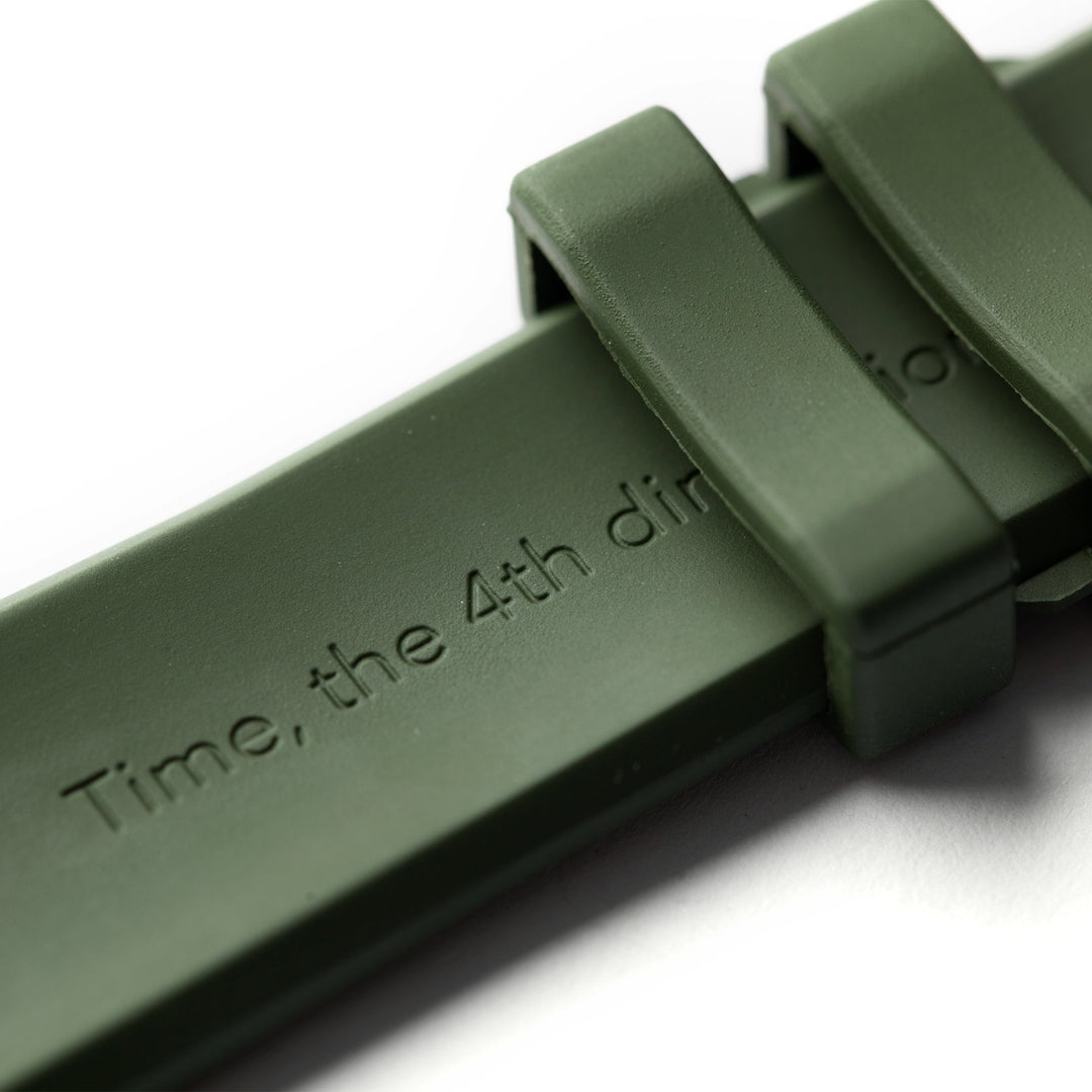 Close View Of Rubber Watch Strap With The Words "Time, the 4th Dimension"