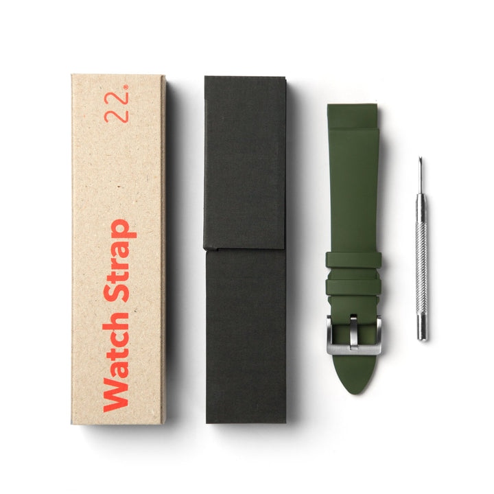 Packaging Of An Olive Fluoroelastomer Watch Band by 22STUDIO