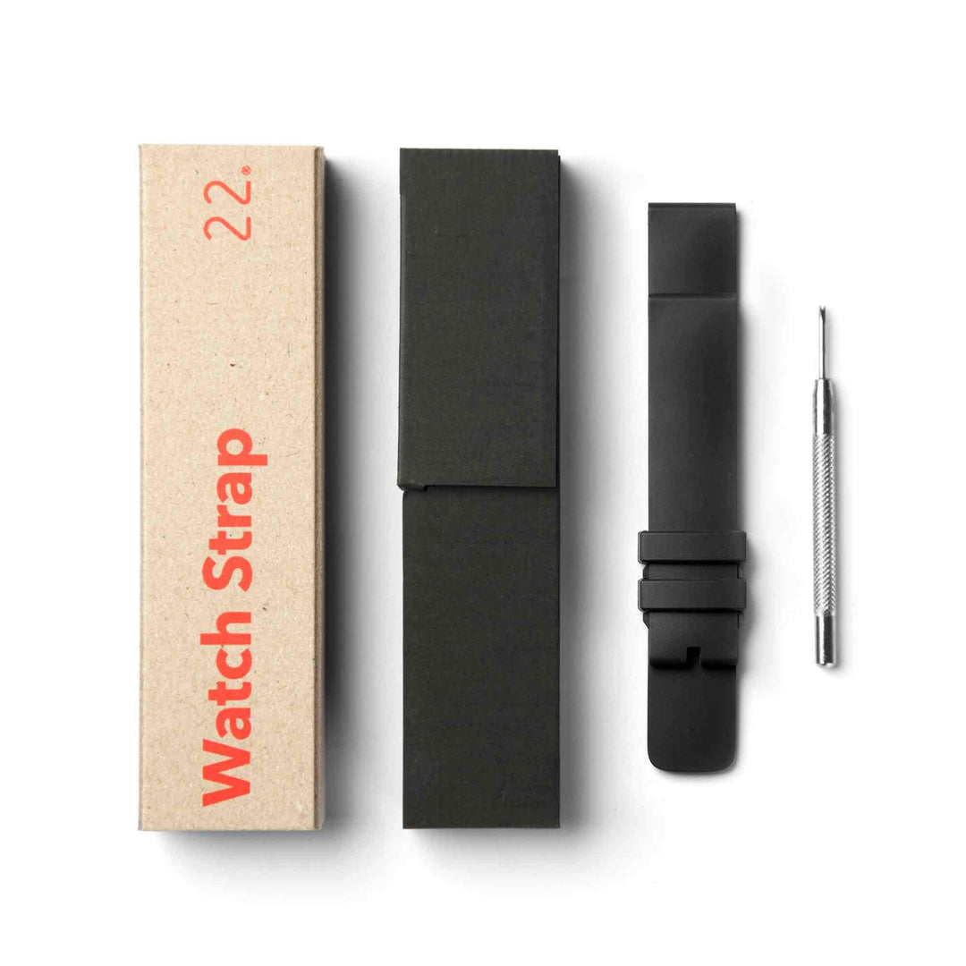 Packaging Of A Black Fluoroelastomer Watch Band by 22STUDIO