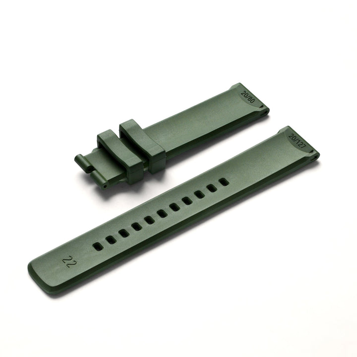 Two Ends Of An Olive Colored Fluoroelastomer Watch Band by 22STUDIO