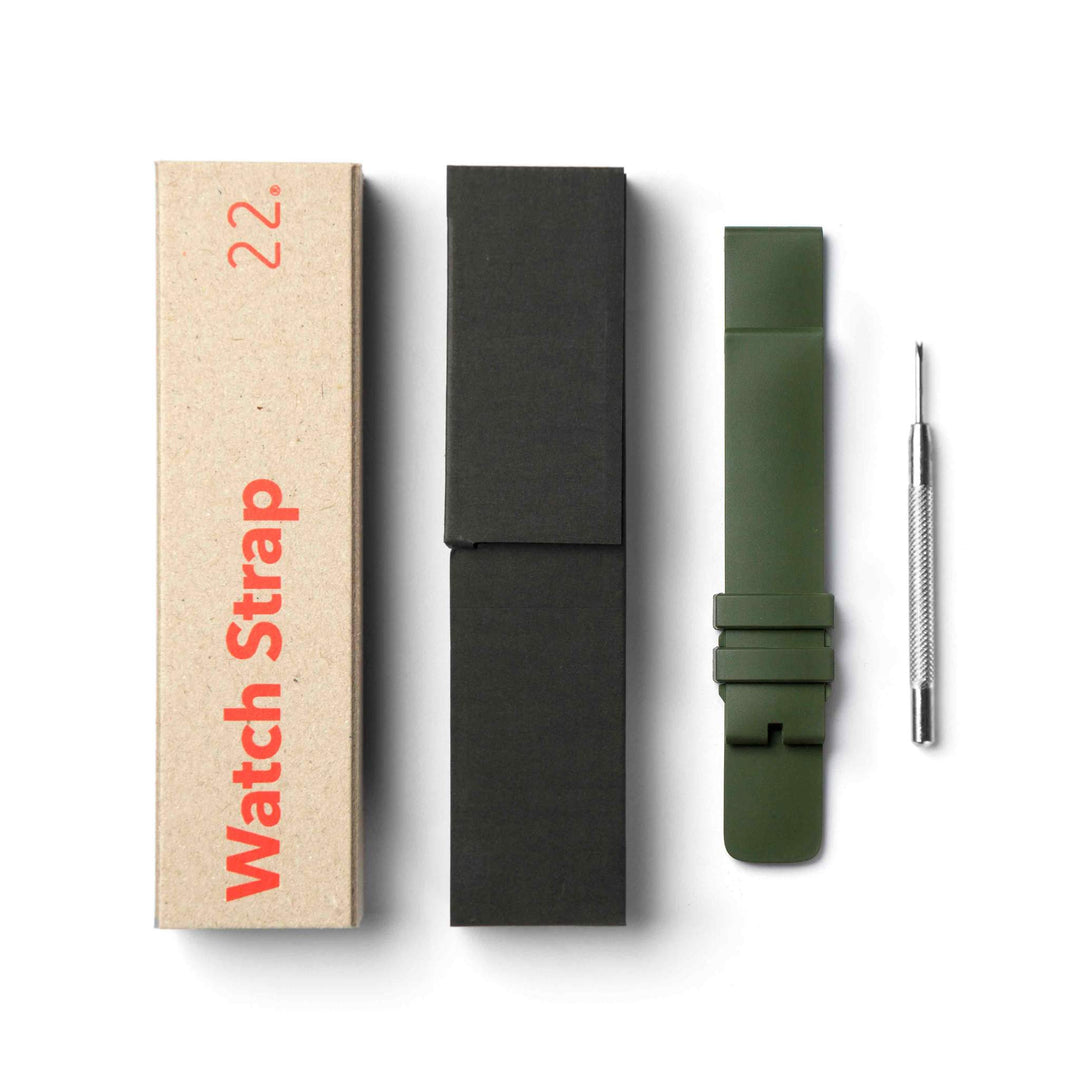 Packaging Of An Olive Fluoroelastomer Watch Band by 22STUDIO